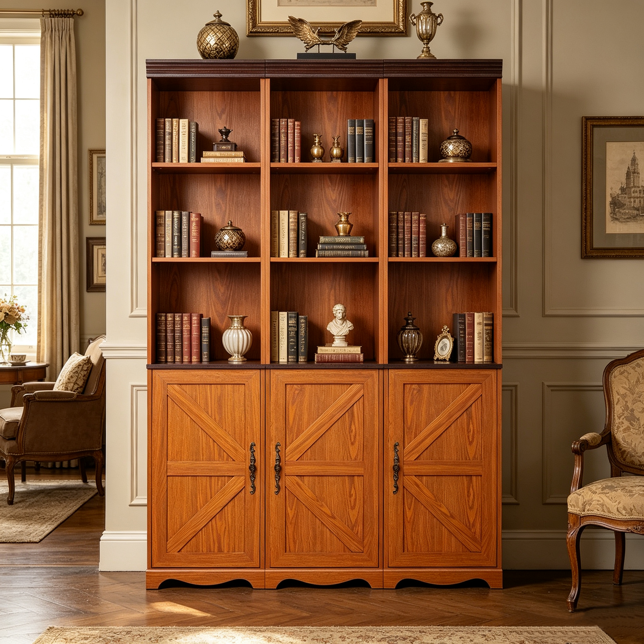 Farmhouse Metal Storage Cabinet, 70.9 in Tall, Oak, 47.3 in Wide