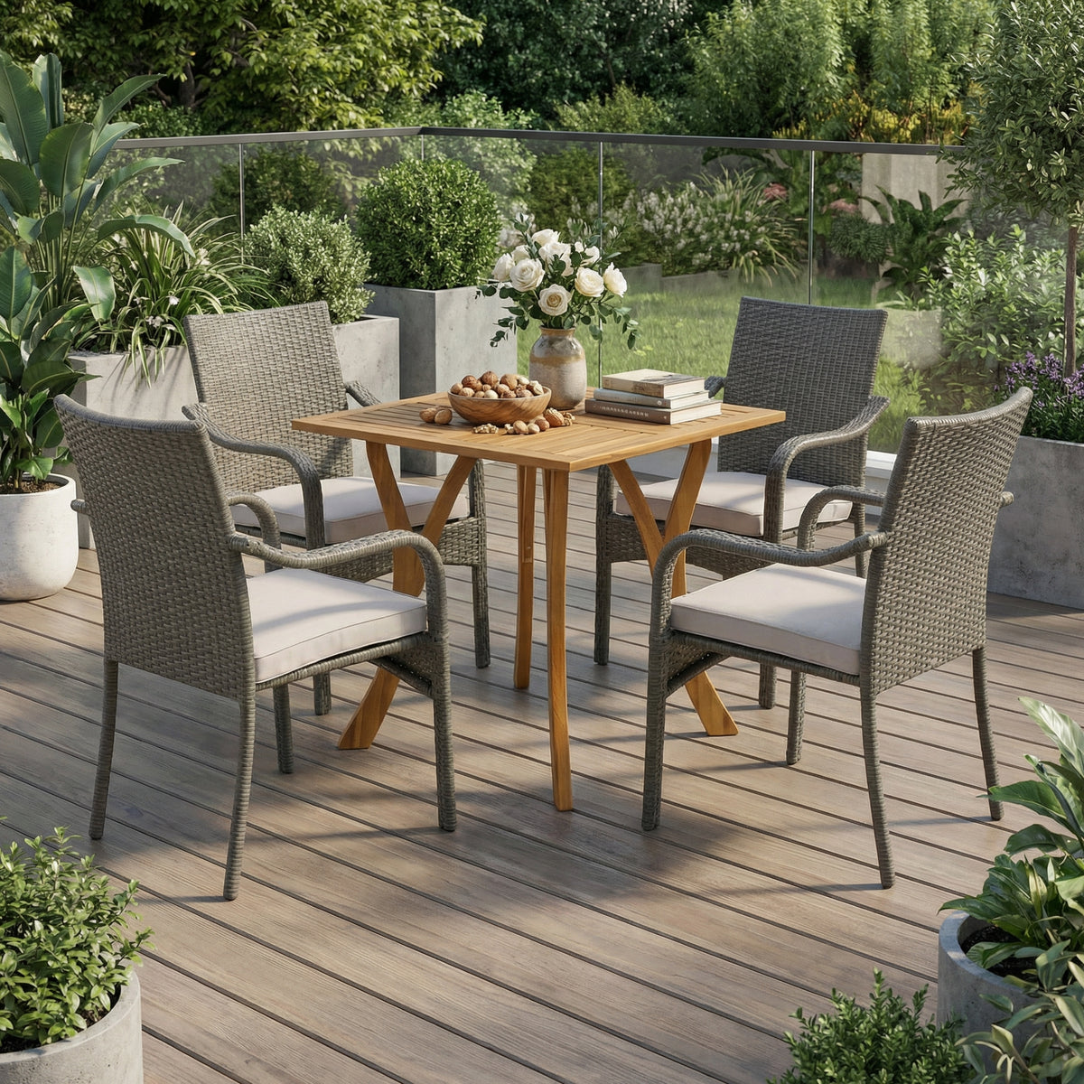 Stackable 5-Piece Patio Dining Set for 4 with Silver Cushions
