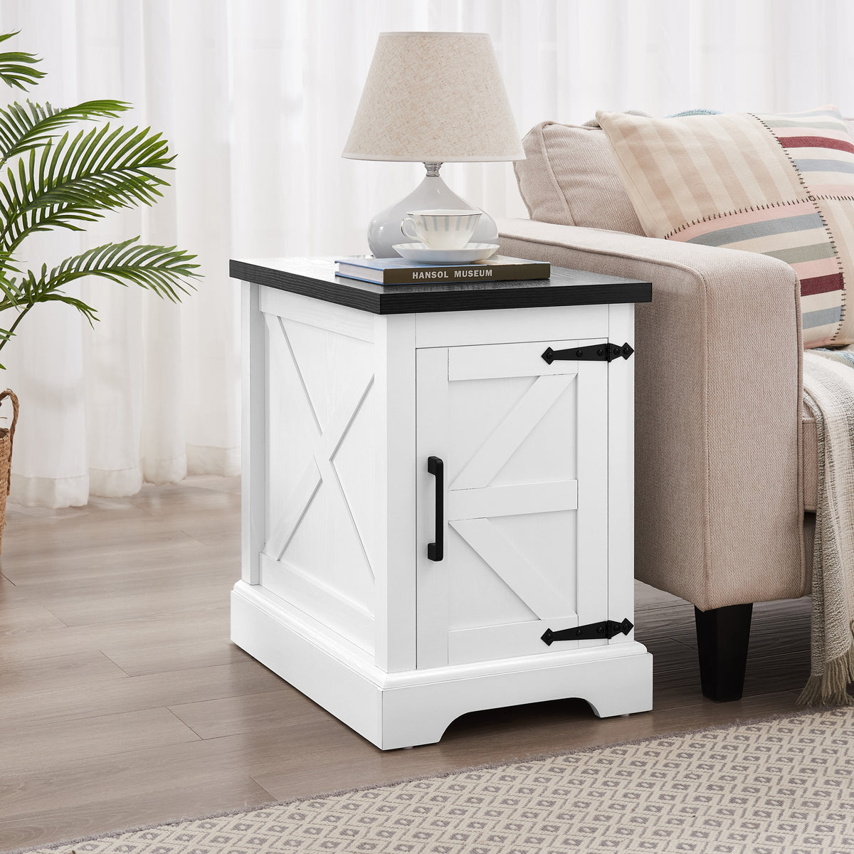 White Farmhouse Barn Door Side Table with Storage, 21.7 in