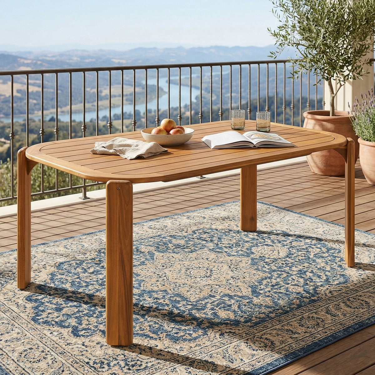 Teak Finish Solid Wood Outdoor Dining Table, 67 in Wide
