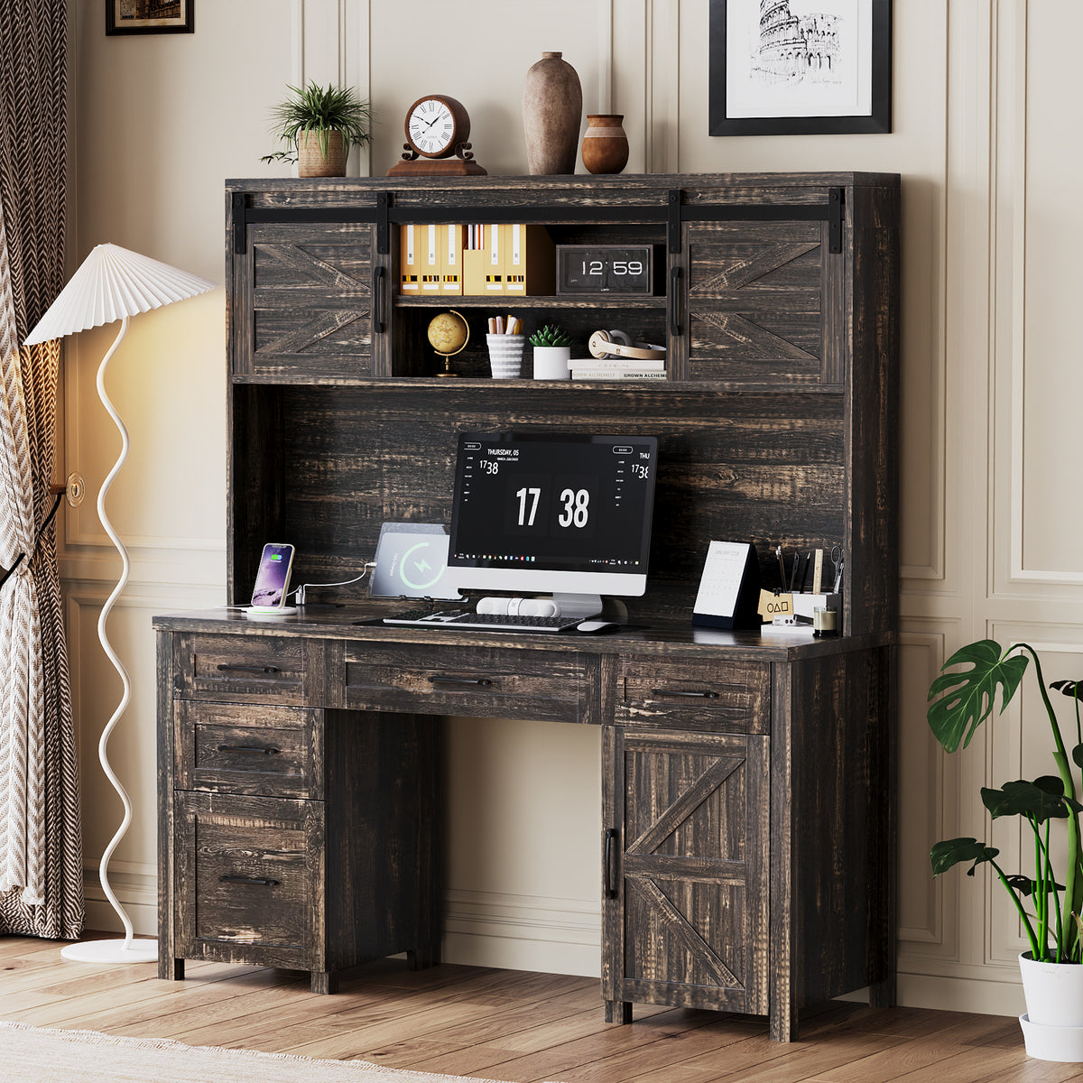 Farmhouse Computer Desk with Hutch, Charging Station, 5 Drawers, 61 in, Gray