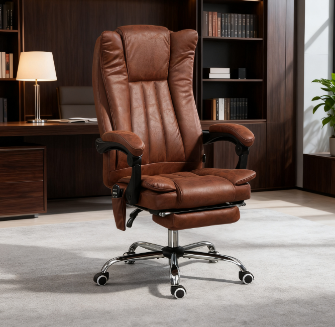 Brown Vegan Leather Office Chair, Massage, Reclining, 17.8-20.5 in Seat
