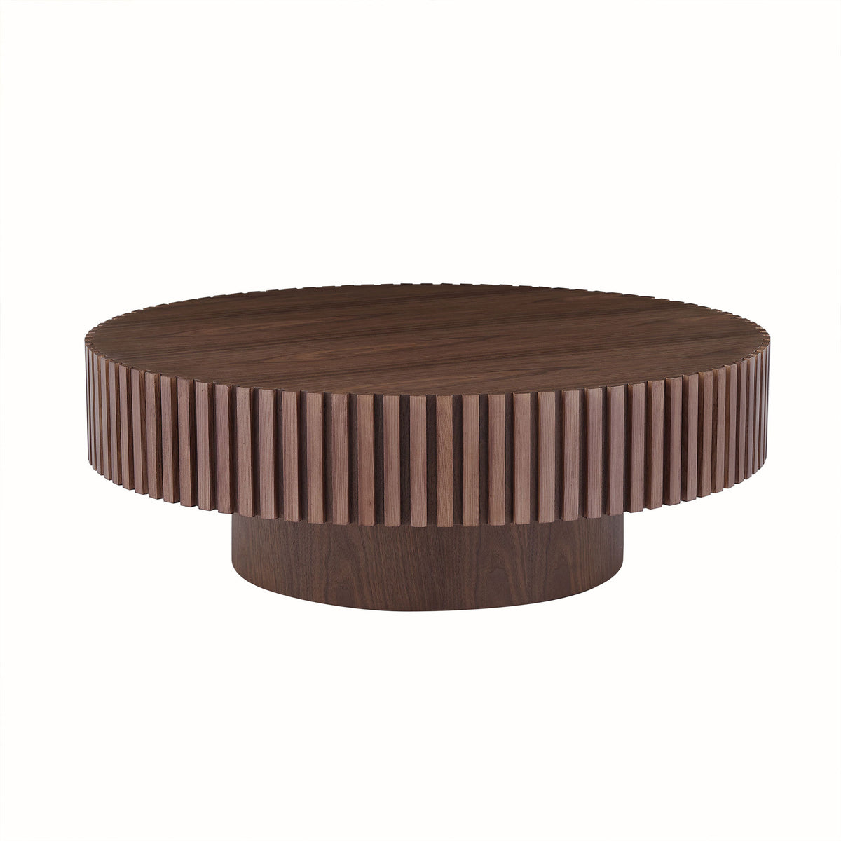 Walnut Slatted Round Pedestal Coffee Table, 31.5 in