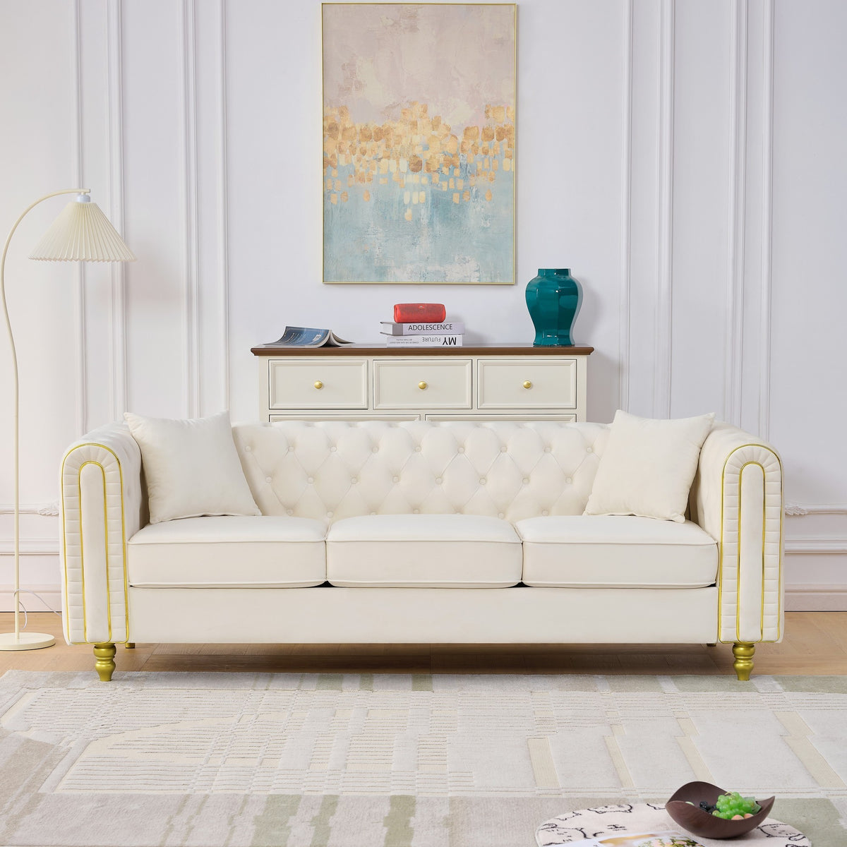 Beige Velvet 3-Seat Tufted Chesterfield Sofa, 86 in Wide