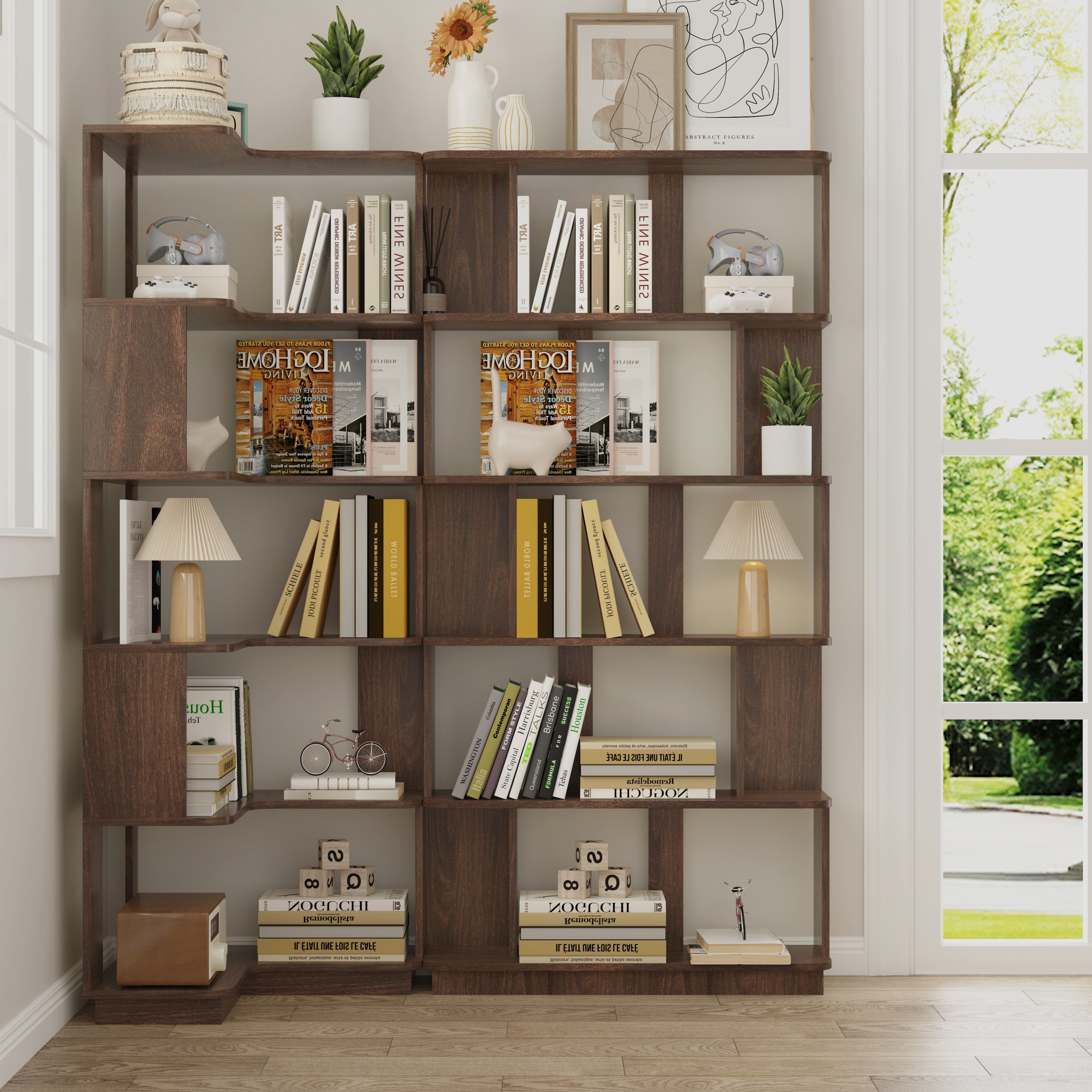 Bookcase, L-Shaped, 64.6 in Tall, Dark Brown
