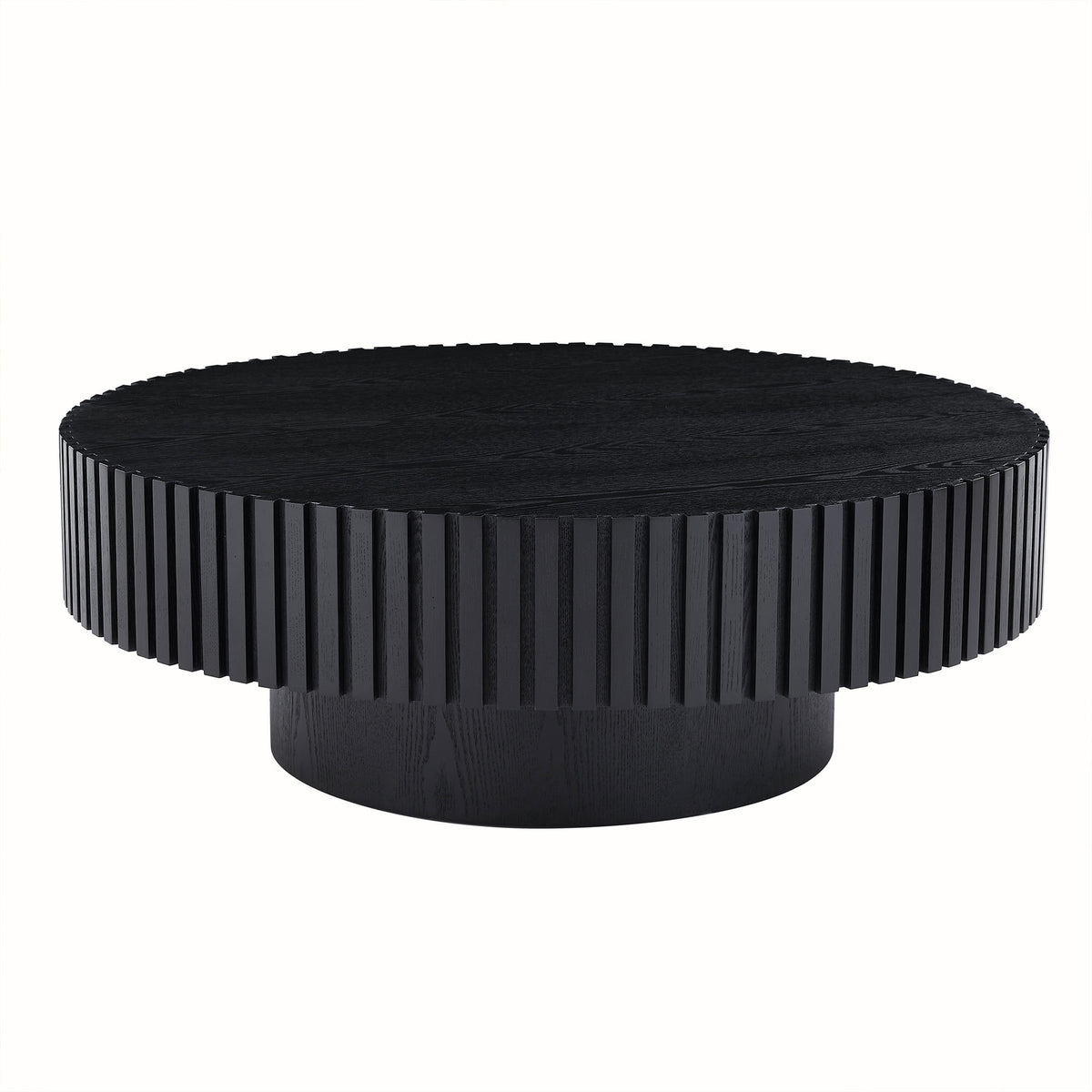 Black Fluted Round Drum Coffee Table, 35.4 in