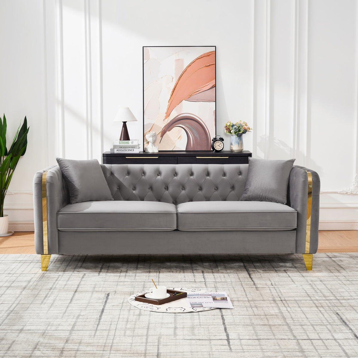 Gray Velvet 3-Seat Tufted Chesterfield Sofa, 81 in Wide