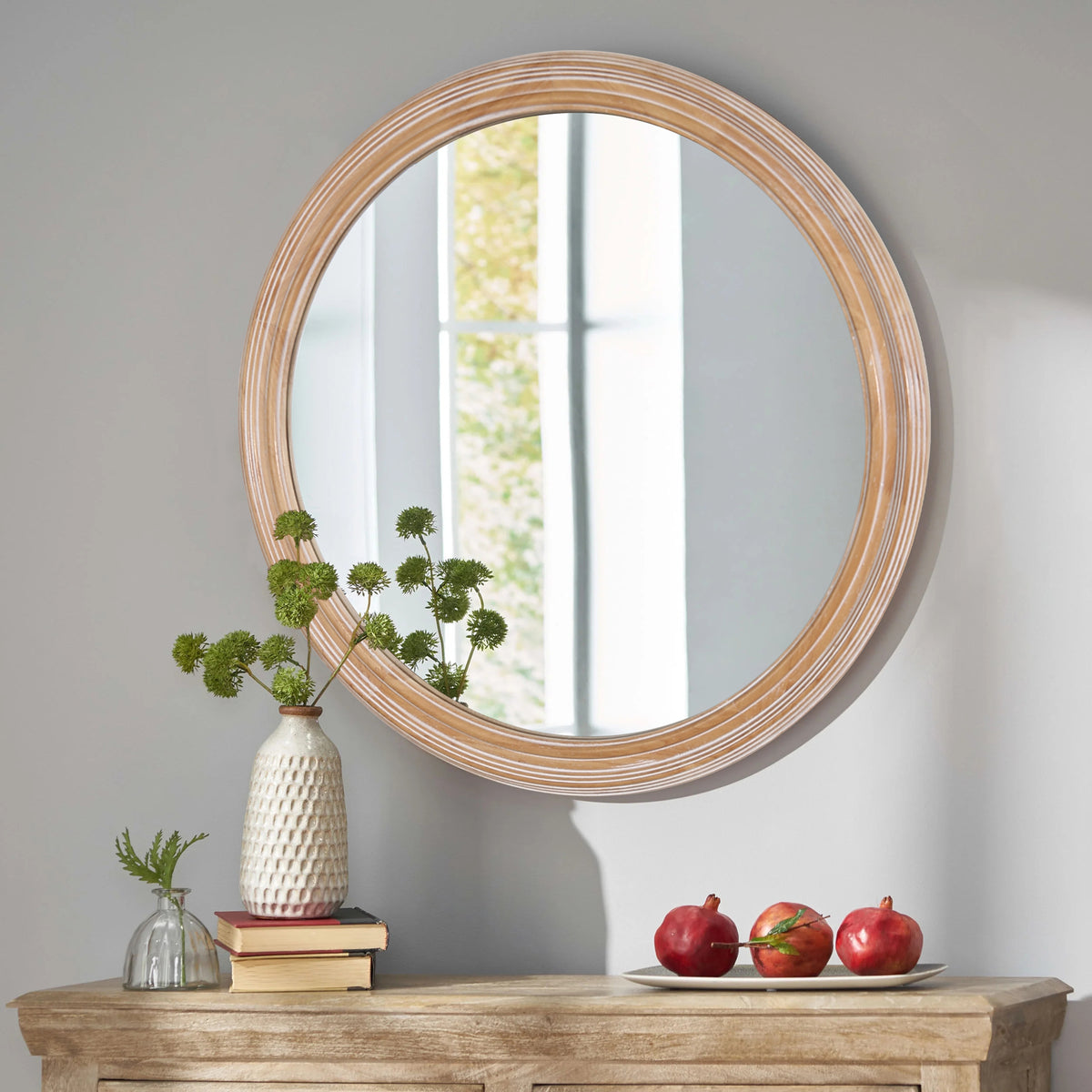 35.4 Inch Large Round Vanity Mirror, Whitewash Edge
