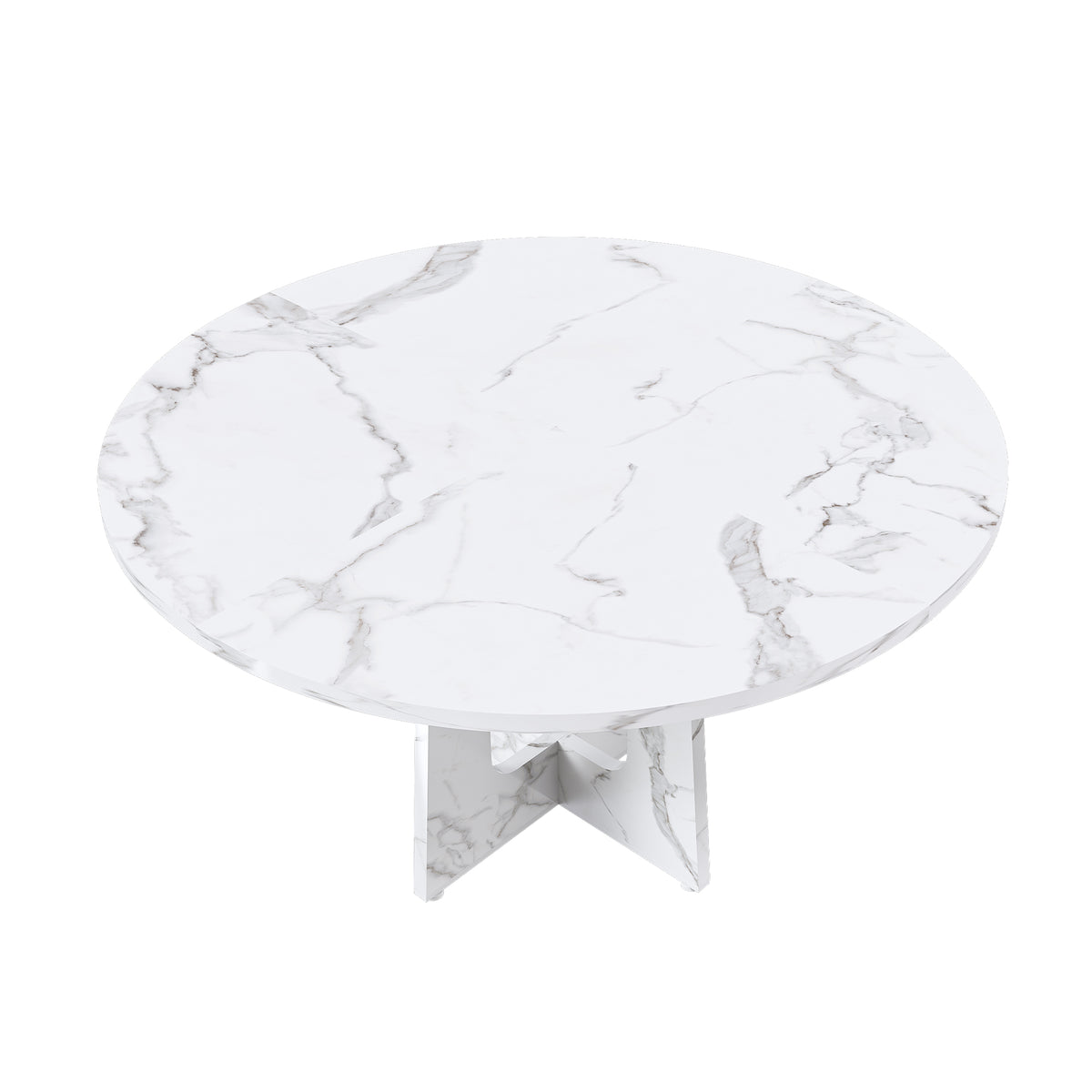 White faux marble round tabletop with cross pedestal base on a plain white background, overhead angled view