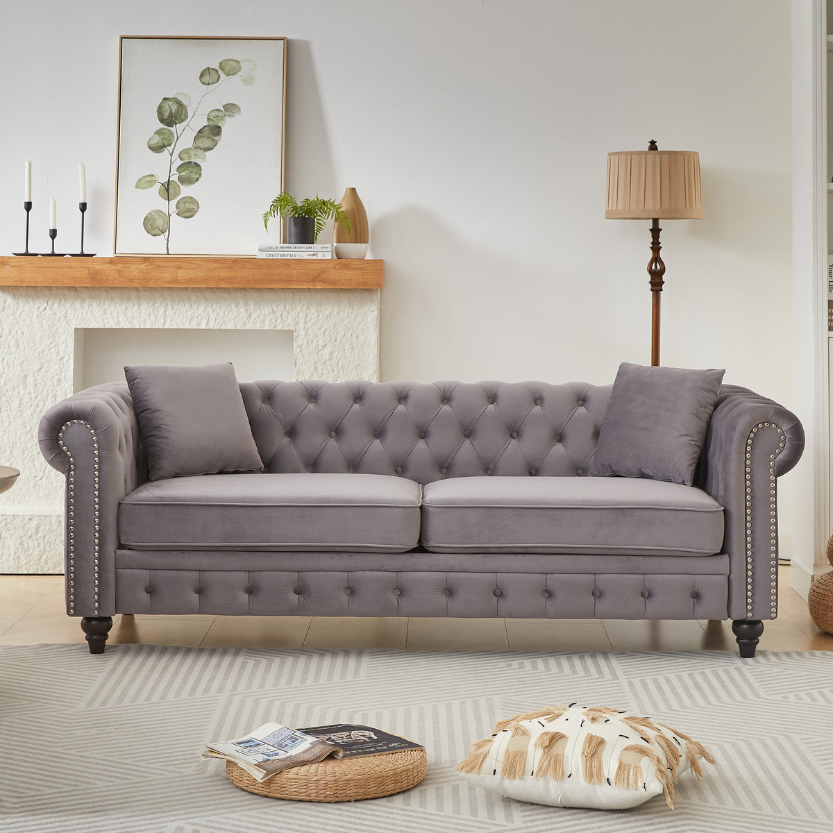 Gray Velvet 3-Seat Tufted Chesterfield Sofa, 85.5 in Wide