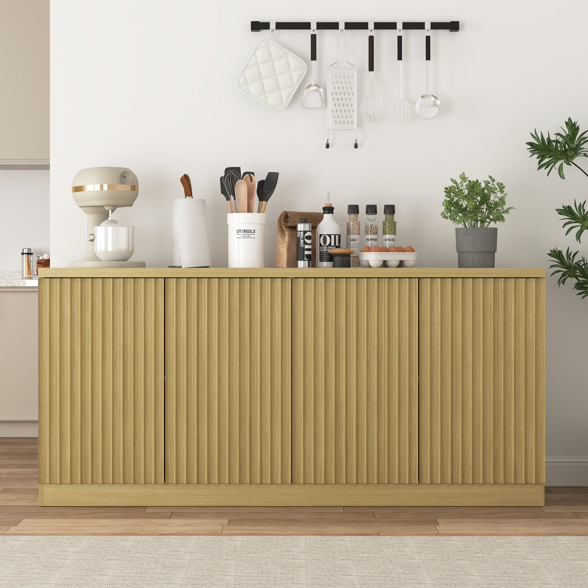 Natural Fluted Sideboard Buffet Cabinet, 62 in, 4 Doors & Shelves