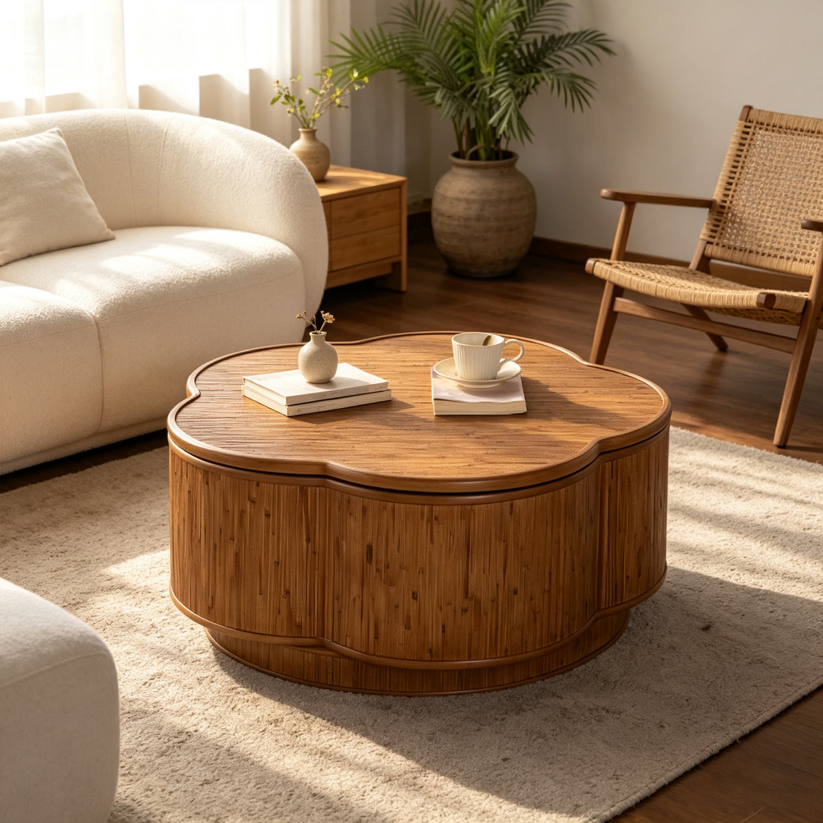 Natural Rattan Flower-Shaped Coffee Table with Storage, 31.5 in