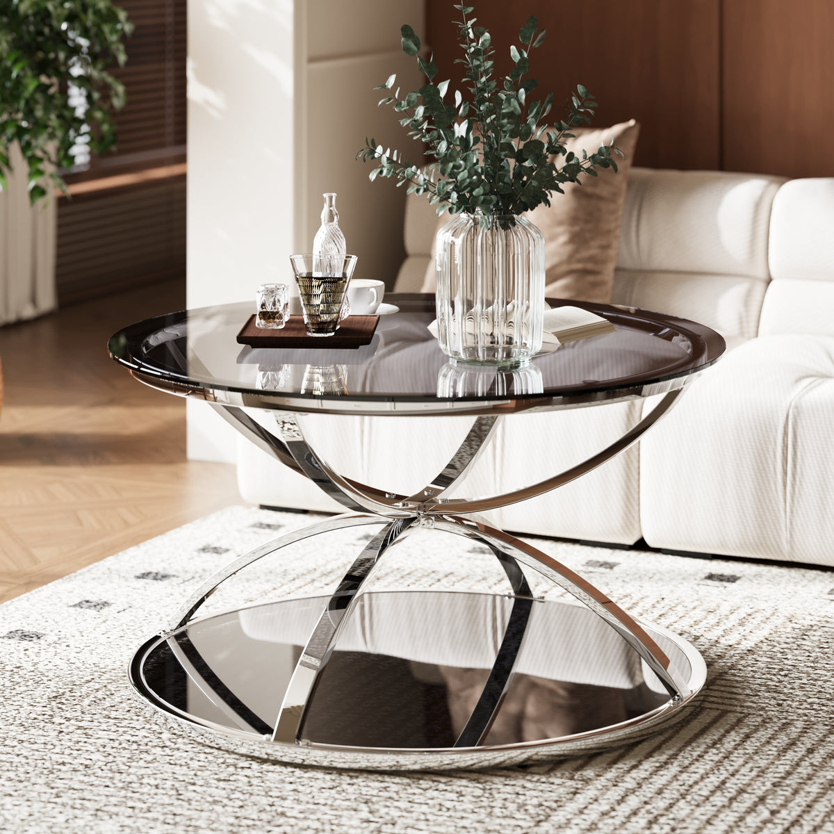 Silver Metal and Smoked Glass Round Two-Tier Coffee Table, 31.5 in