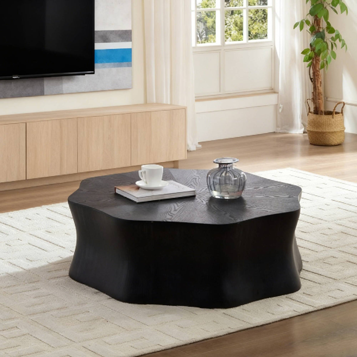 Black Fiberglass Wood Grain Petal Coffee Table, 35.4 in