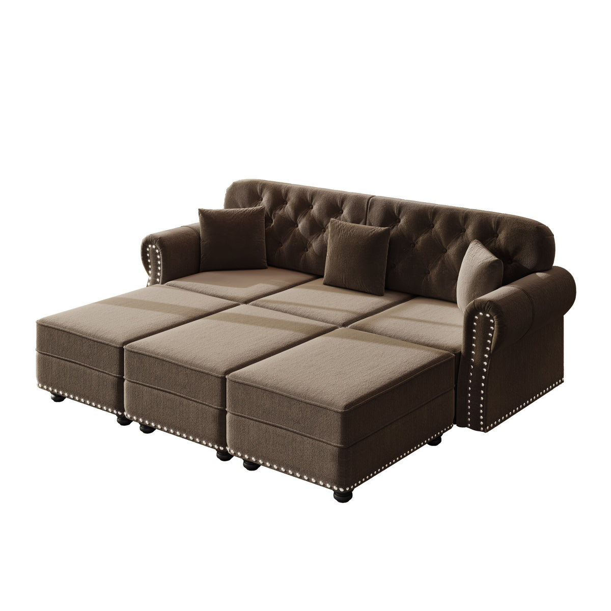 Brown Velvet 3-Seat Tufted Chesterfield Sofa with 3 Ottomans, 82.6 in Wide