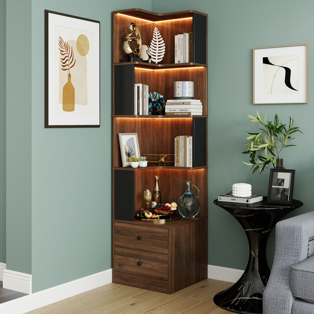 Bookcase, 4 Shelves, L-Shaped, 68.9 in Tall, Walnut