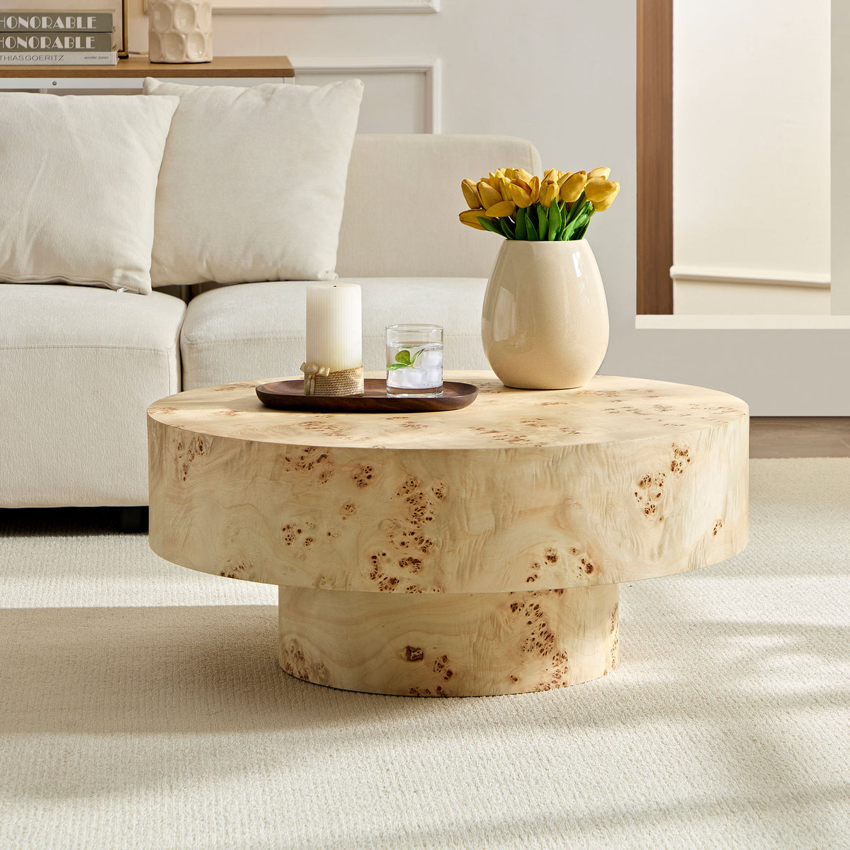 Natural Burl Wood Round Pedestal Coffee Table, 31.5 in