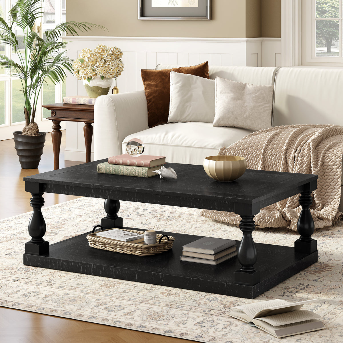 Black Vintage Turned-Leg Rectangular Coffee Table with Shelf, 43.5 in