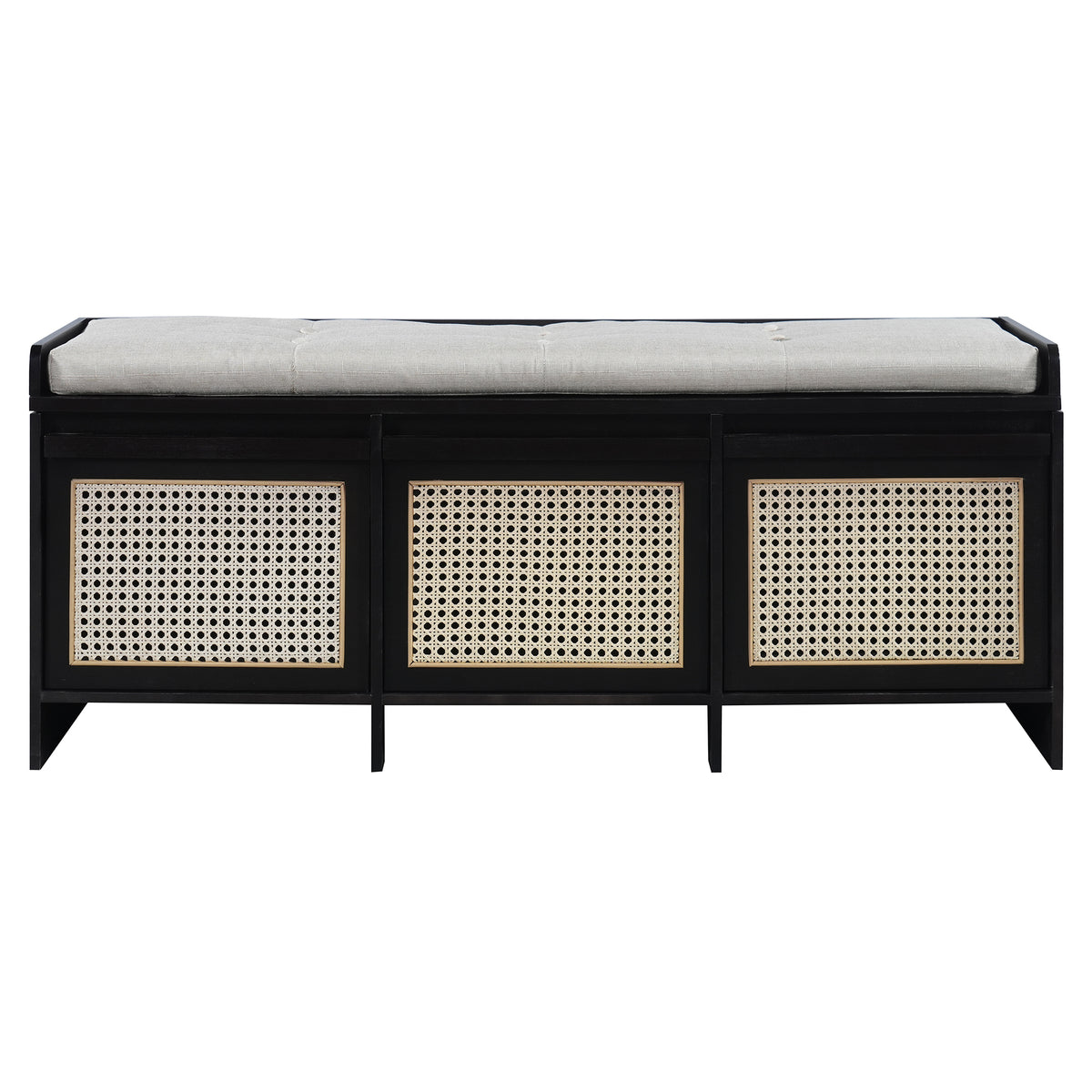Retro Shoe Storage Bench, Black, 3 Cane Rattan Drawers, 48 in