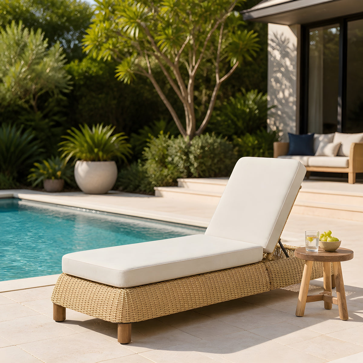Natural Wicker Adjustable Outdoor Chaise Lounge with Cushions