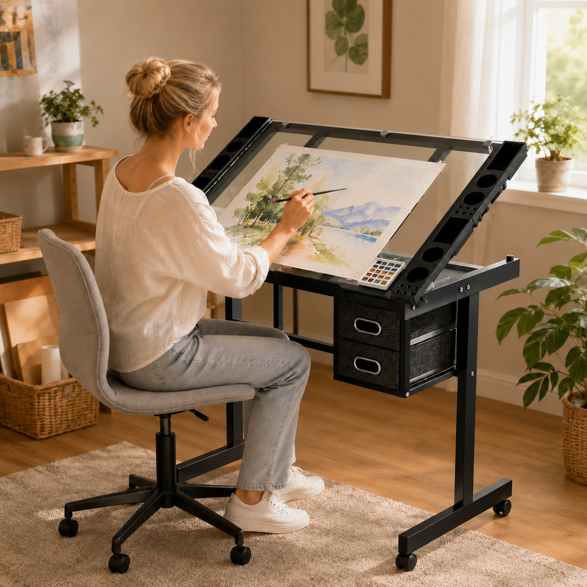 Glass Desk, Rolling, 40.6 in, Black