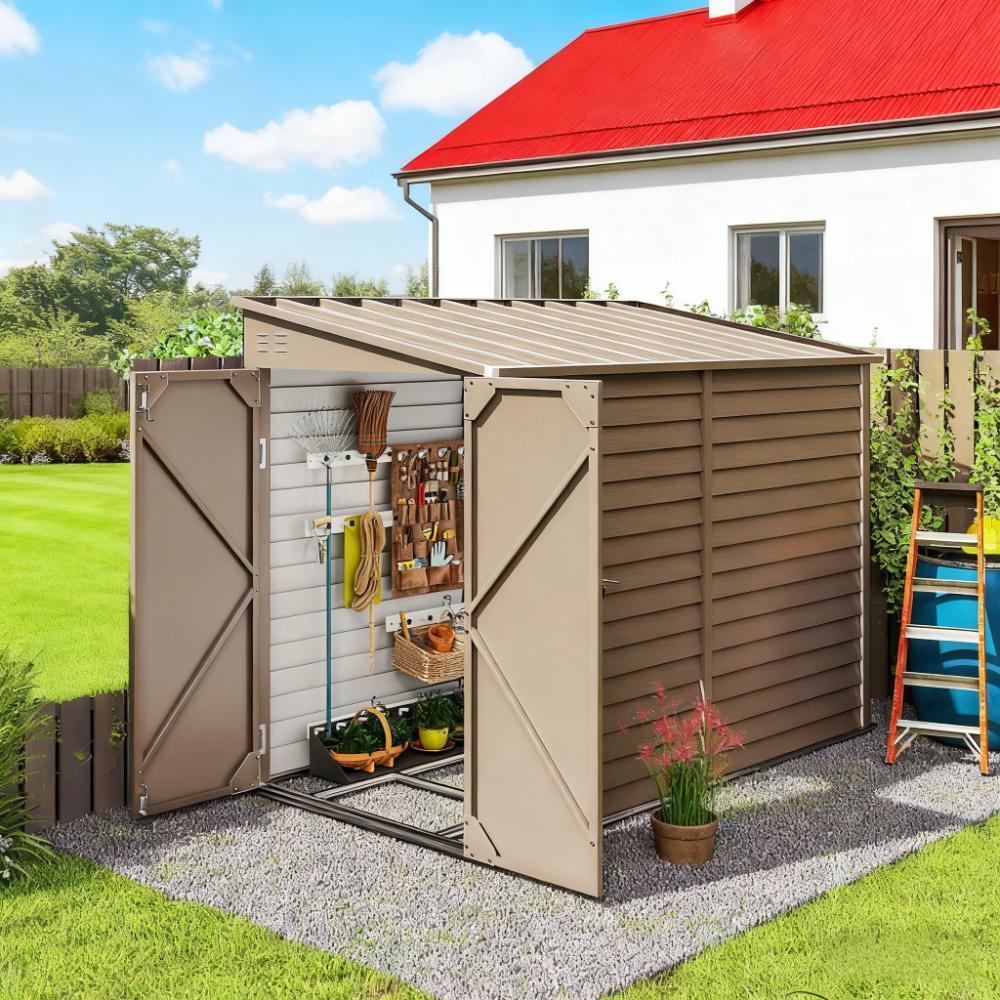 Brown Metal Storage Shed with Lockable Doors