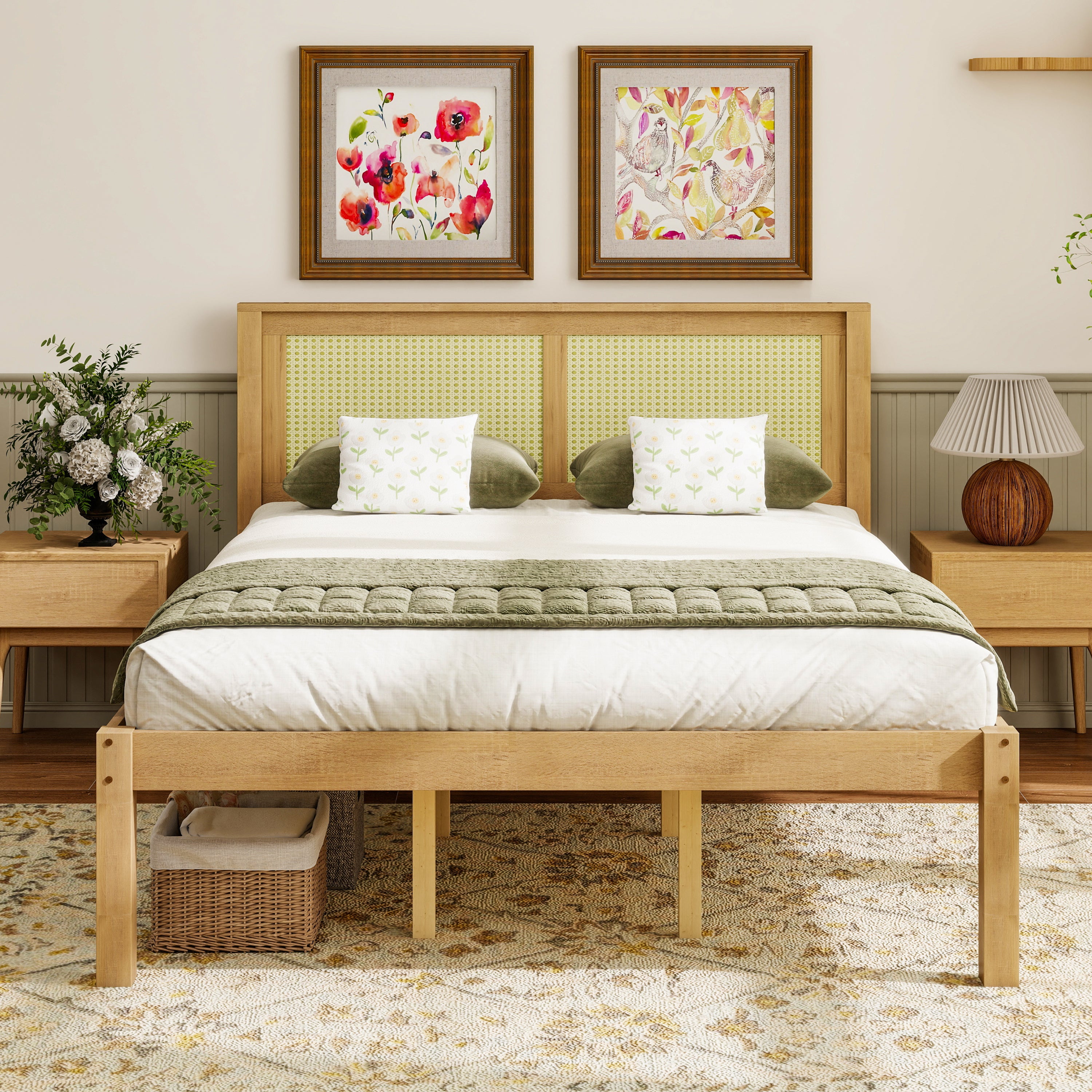 Natural wooden queen bed frame with a woven rattan cane headboard, styled with white bedding and a green throw