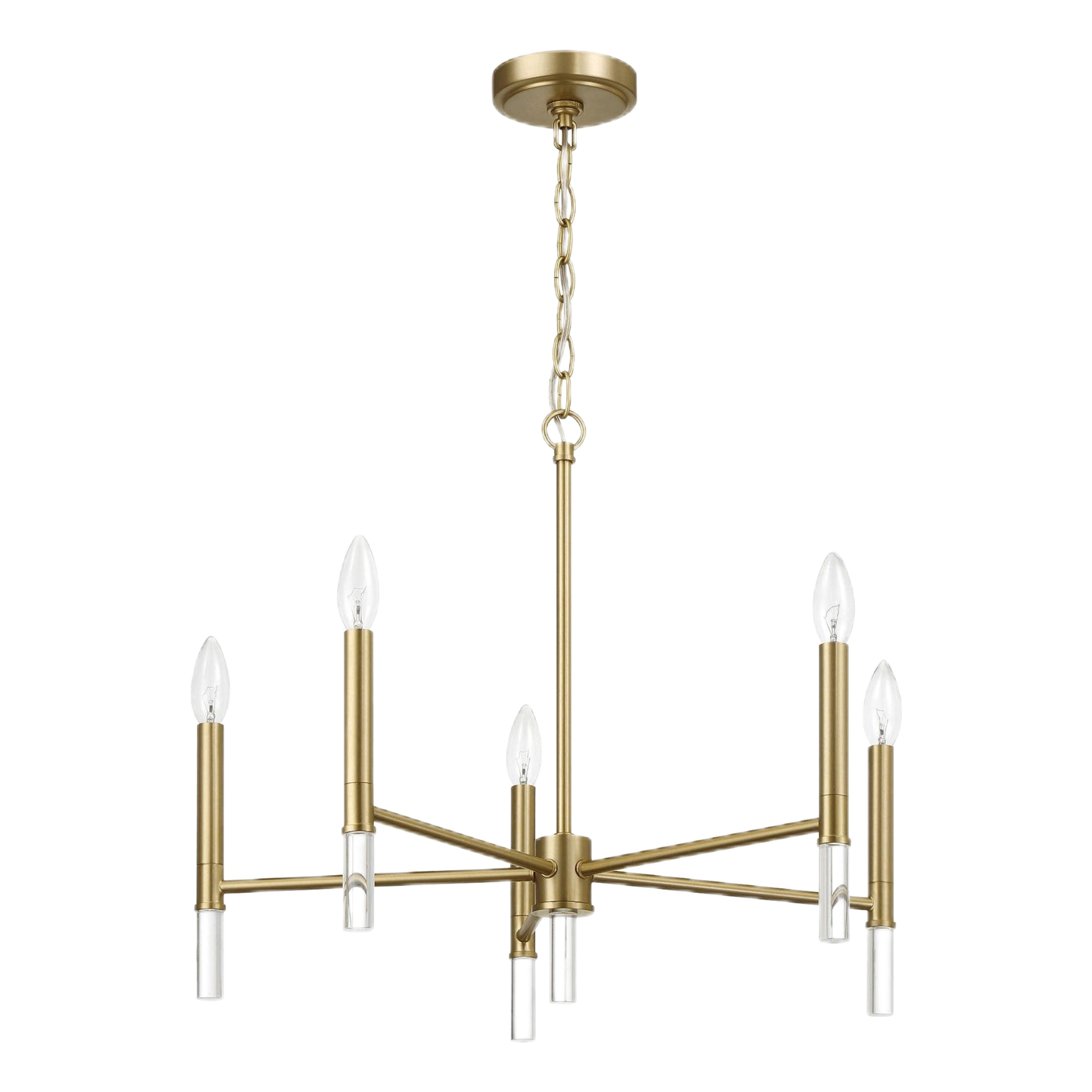 Clear and Gold 5-Light Chandelier, 24 in, Brass and Glass