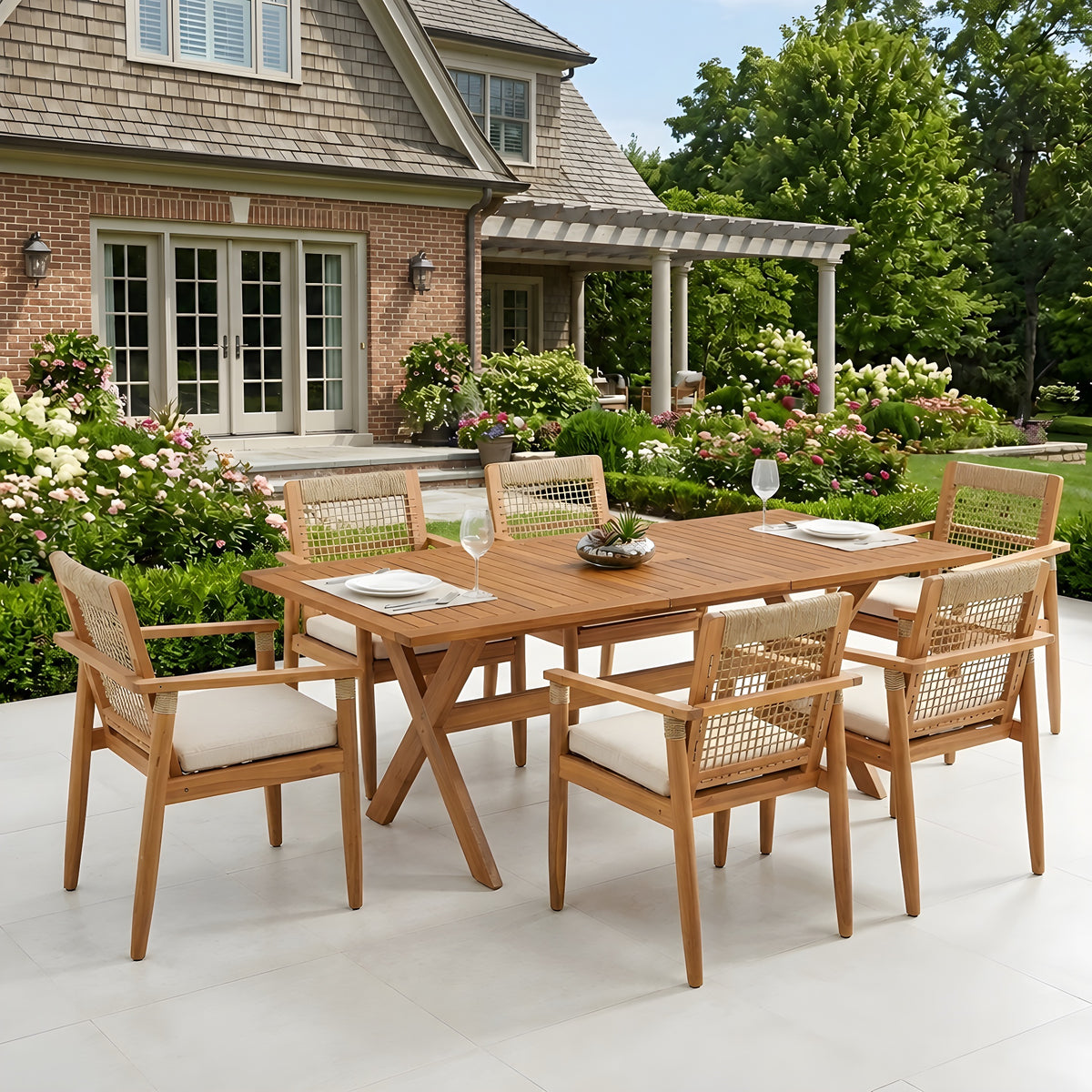 Teak Finish Solid Wood 7-Piece Patio Dining Set for 6 with Beige Cushions