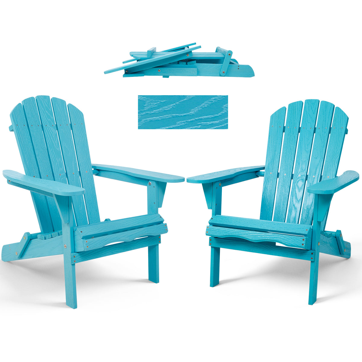 Turquoise Blue Solid Wood Folding Adirondack Chair, Set of 2