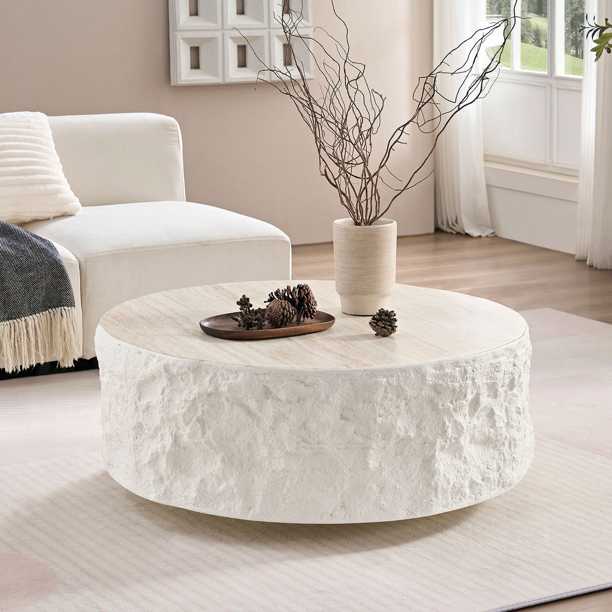 White Fiberglass Stone-Look Drum Coffee Table, 35.4 in