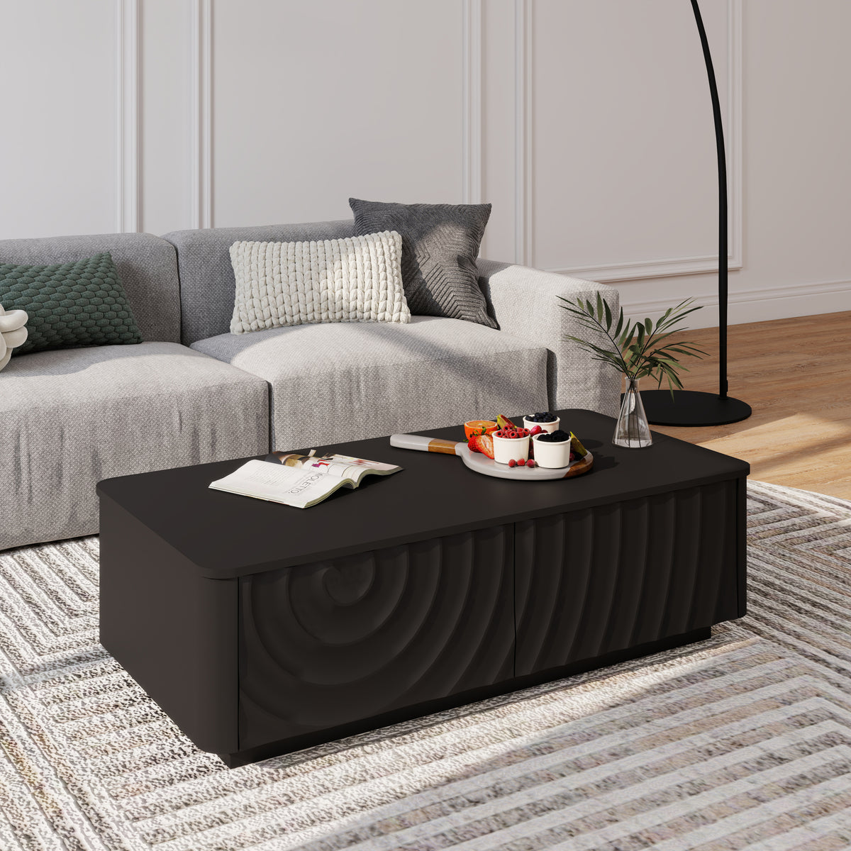 Black Wave Texture Rectangular Coffee Table with 2 Drawers, 47.2 in