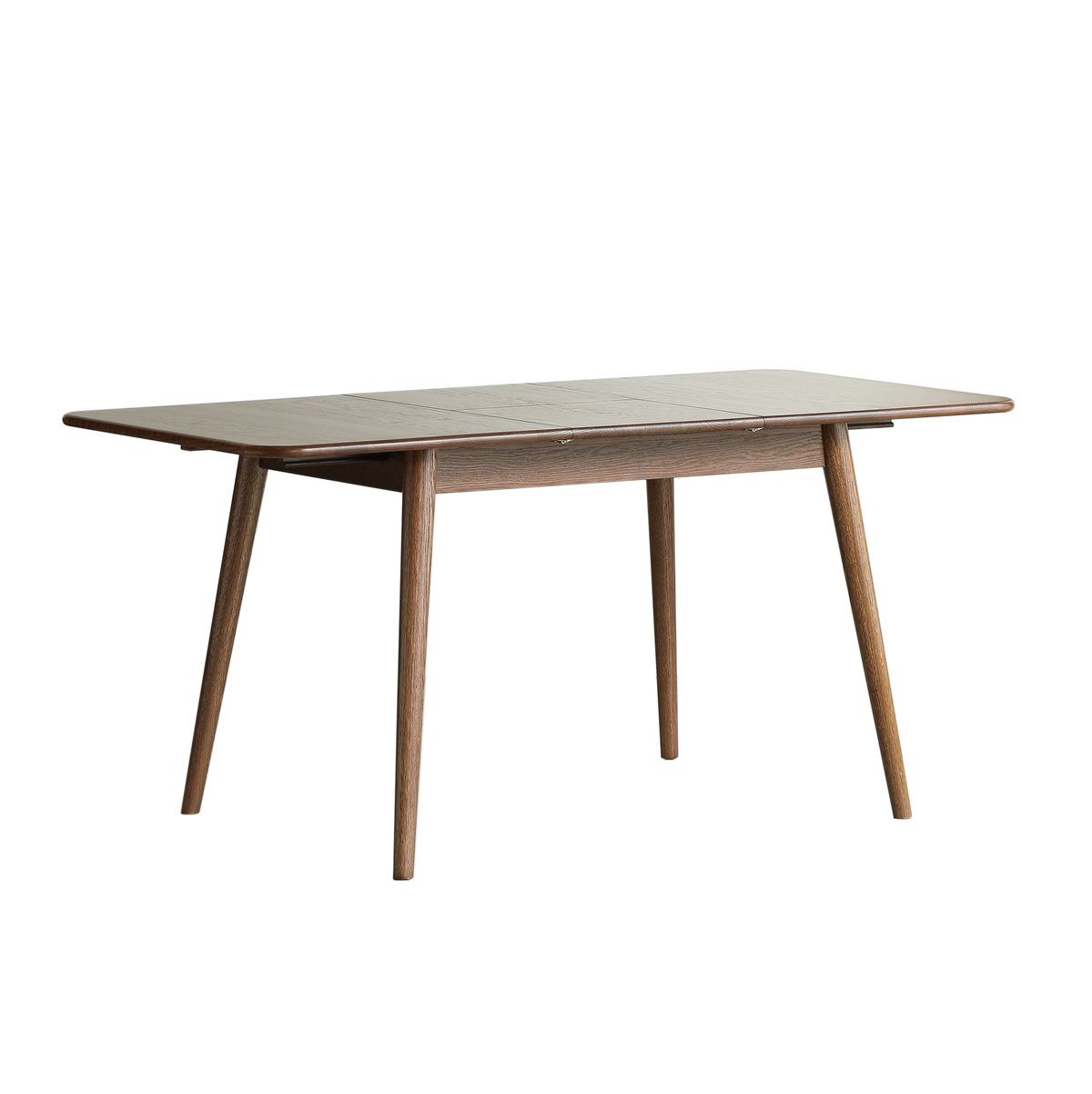 Walnut-finish oak extendable dining table with tapered legs, three-quarter view on a white background