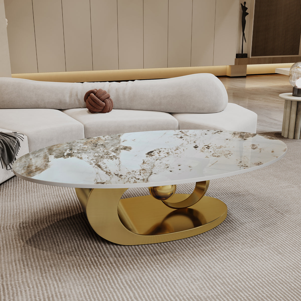 White and Gold Brown-Veined Sintered Stone Oval Coffee Table, 49.2 in