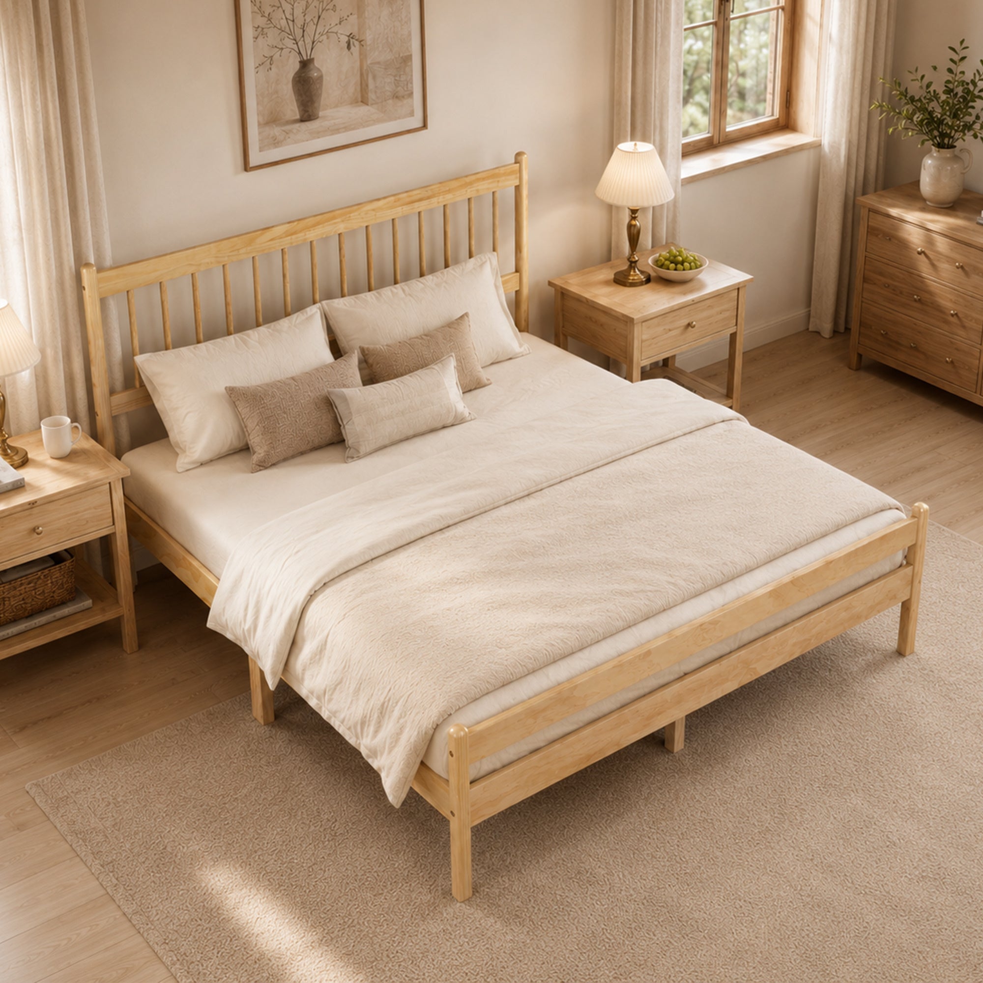 Overhead angled view of the natural pine queen bed with slatted headboard and cream bedding #Color_Natural