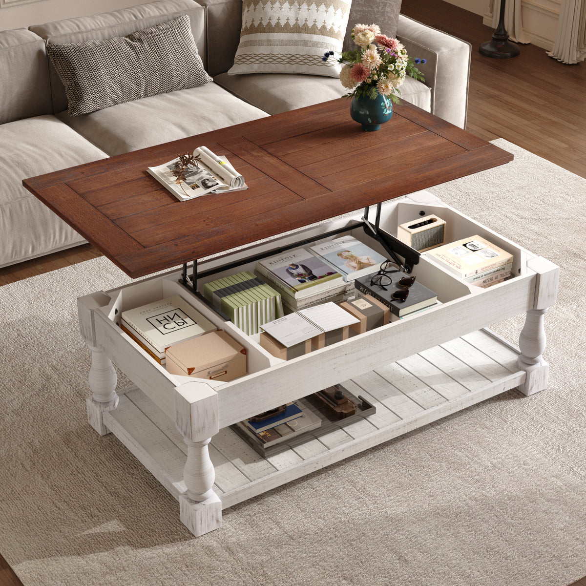 Brown and White Farmhouse Lift-Top Coffee Table with Shelf, 47.2 in