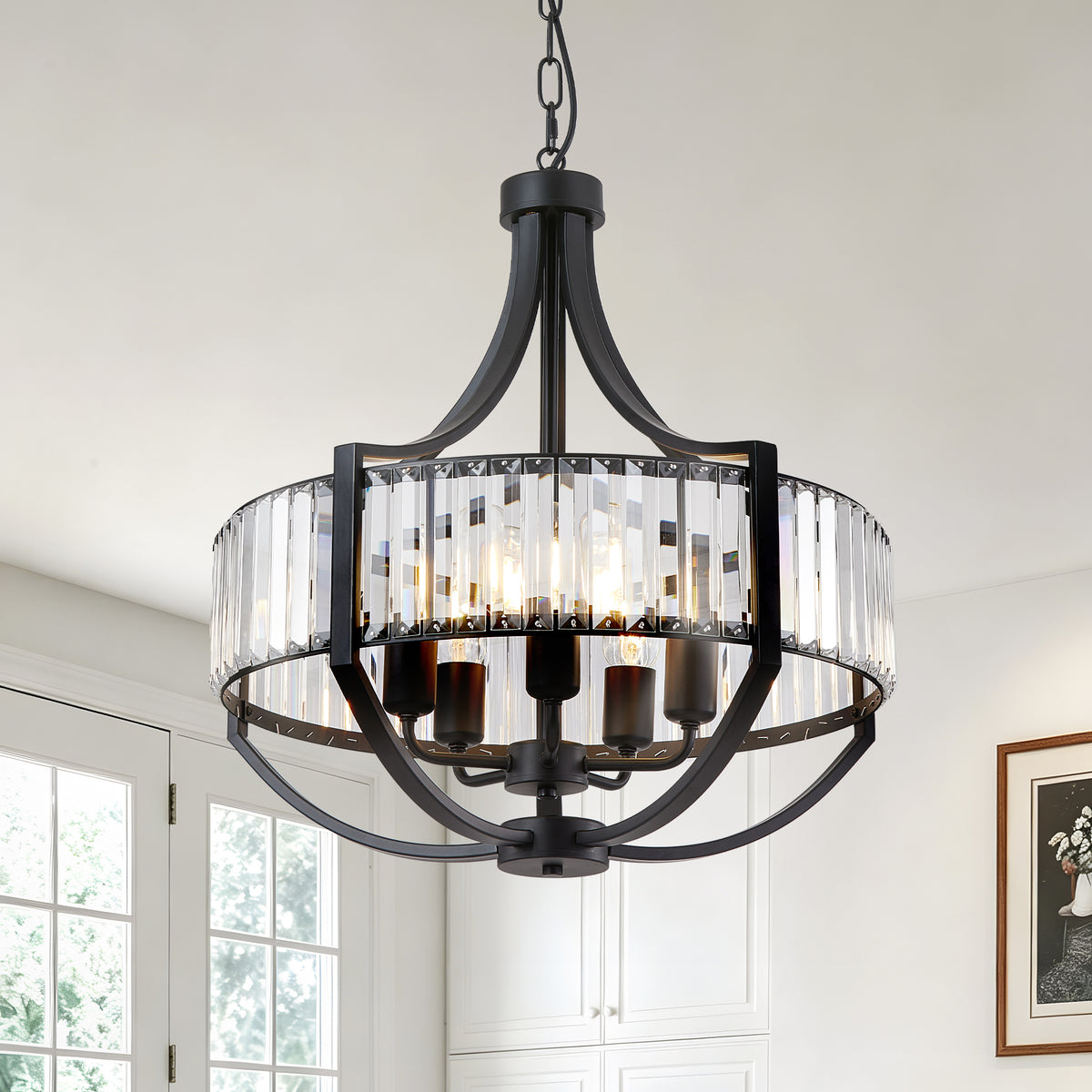 Chandelier, 5-Light Crystal Shades with Iron Frame, Black