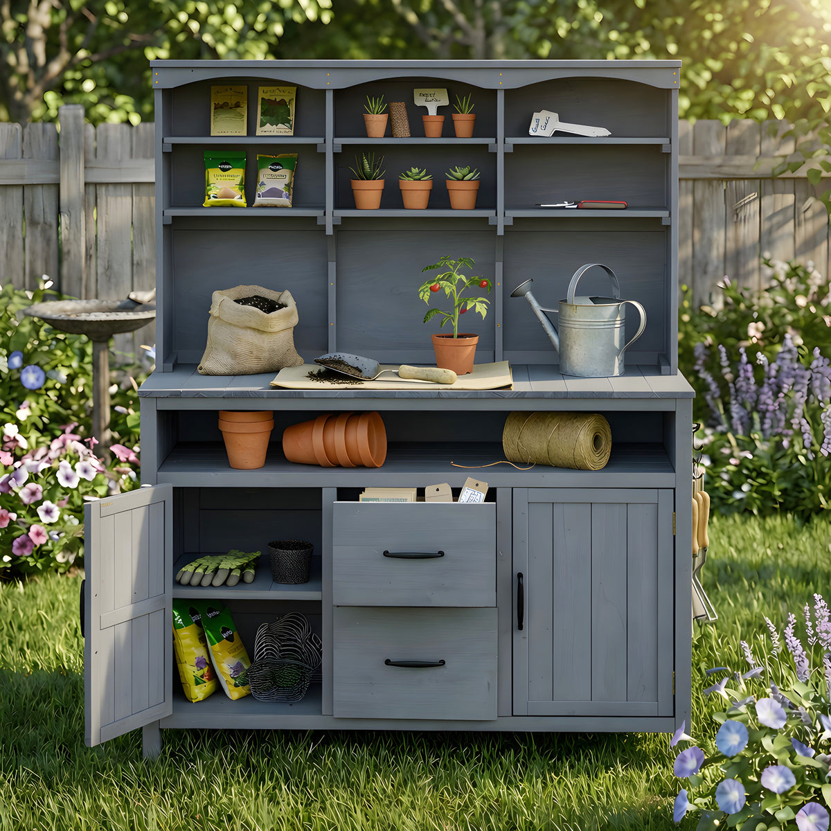 Gray Solid Wood Potting Bench, 65 in Tall, 20.5 in Deep