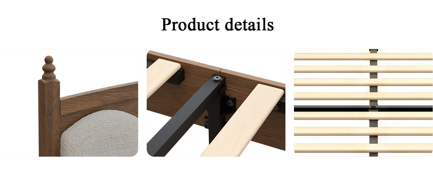 Detail close-ups of a turned finial post, black metal center support and wood slats on the vintage bed