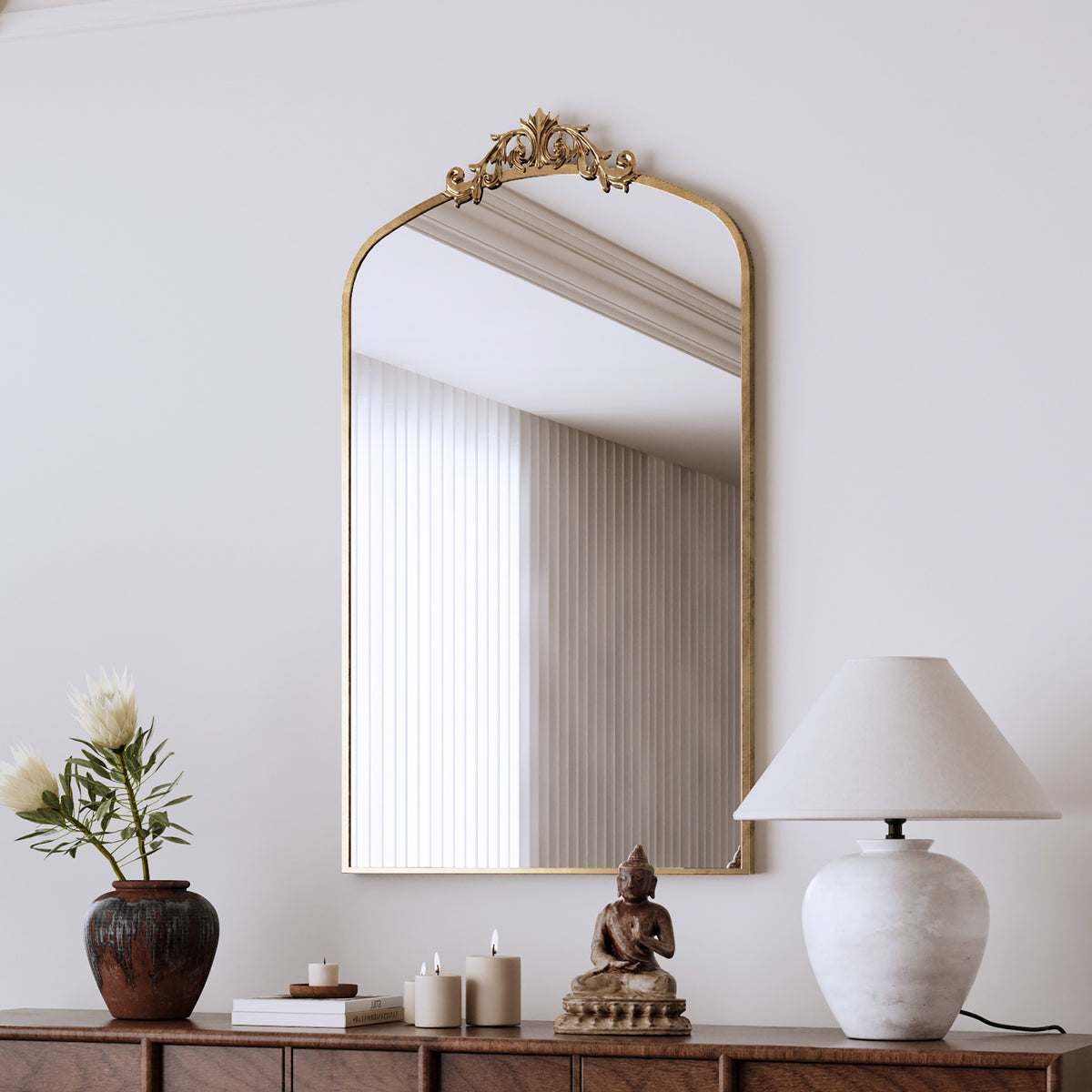 Arched Wall Mirror, 43.3 x 24 Inch Metal Frame, Antique Bronze
