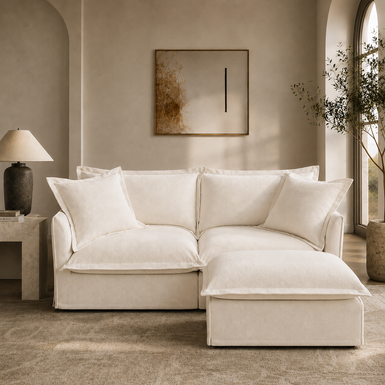 Fluffy 2-Seat Modular Sofa in Chenille Cream with 1 ottoman, lifestyle photo #OttOnly_1 #Fabric_Chenille Cream