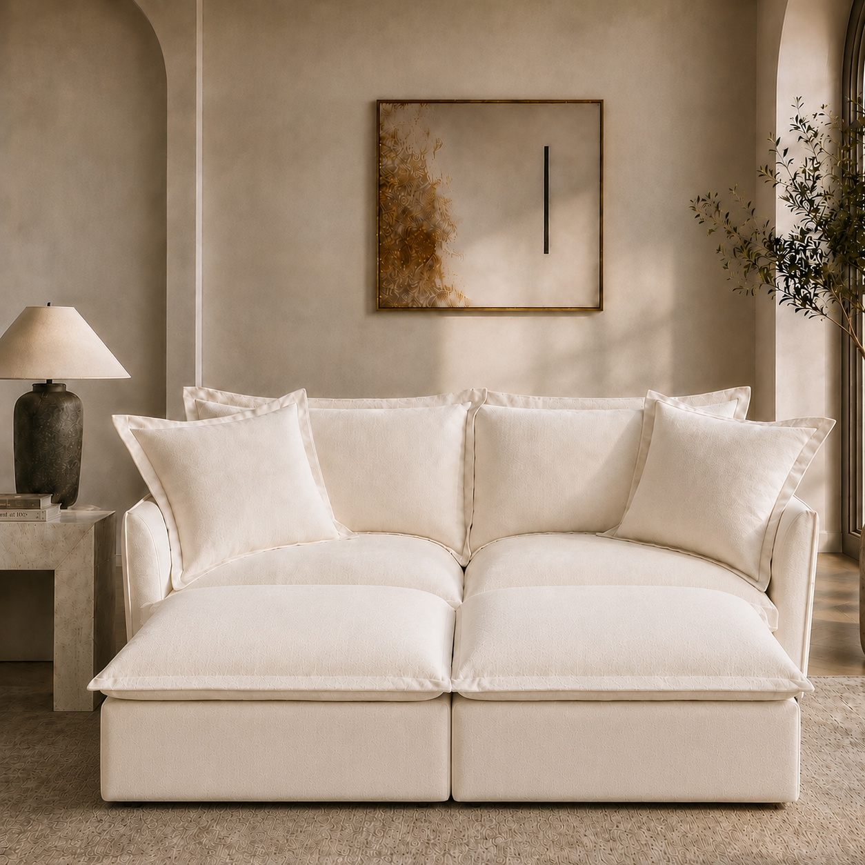 Fluffy 2-Seat Modular Sofa in Chenille Cream with 2 ottomans, lifestyle photo #OttOnly_2 #Fabric_Chenille Cream