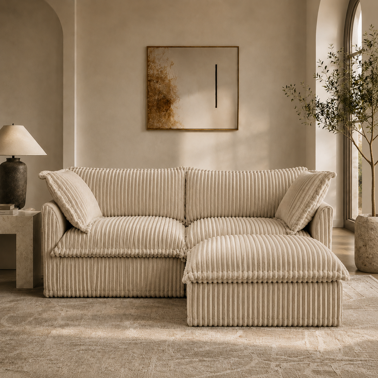 Fluffy 2-Seat Modular Sofa in Corduroy Camel with 1 ottoman, lifestyle photo #OttOnly_1 #Fabric_Corduroy Camel