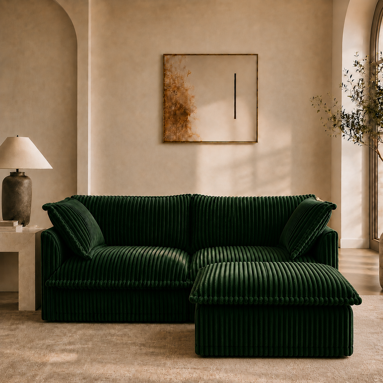 Fluffy 2-Seat Modular Sofa in Corduroy Emerald with 1 ottoman, lifestyle photo #OttOnly_1 #Fabric_Corduroy Emerald