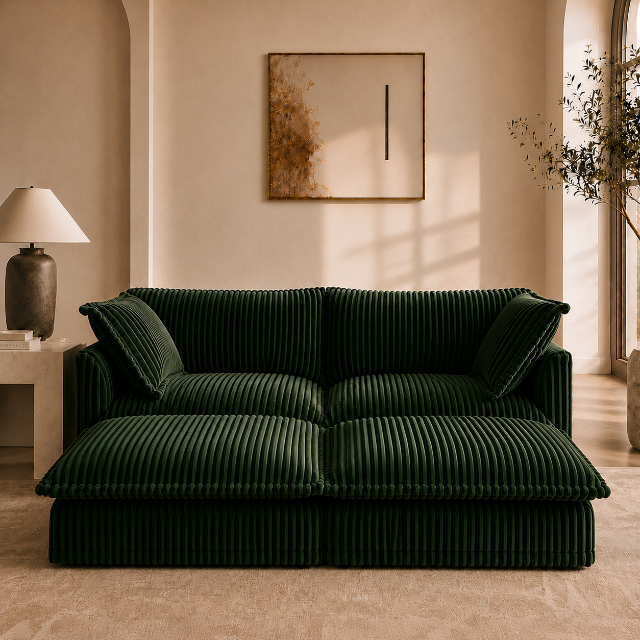 Fluffy 2-Seat Modular Sofa in Corduroy Emerald with 2 ottomans, lifestyle photo #OttOnly_2 #Fabric_Corduroy Emerald