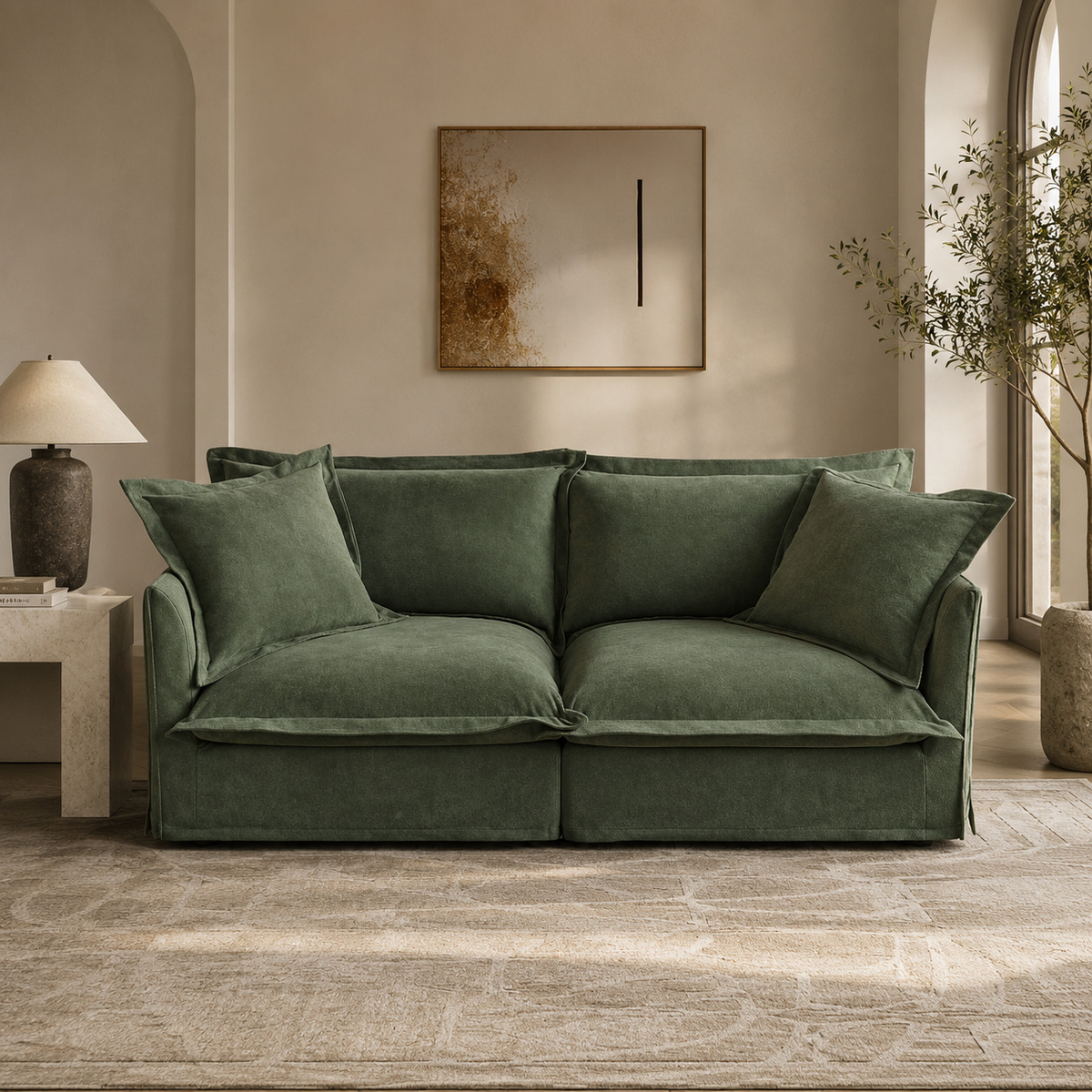 Fluffy 2-Seat Modular Sofa in Chenille Olive, lifestyle photo #OttOnly_0 #Fabric_Chenille Olive