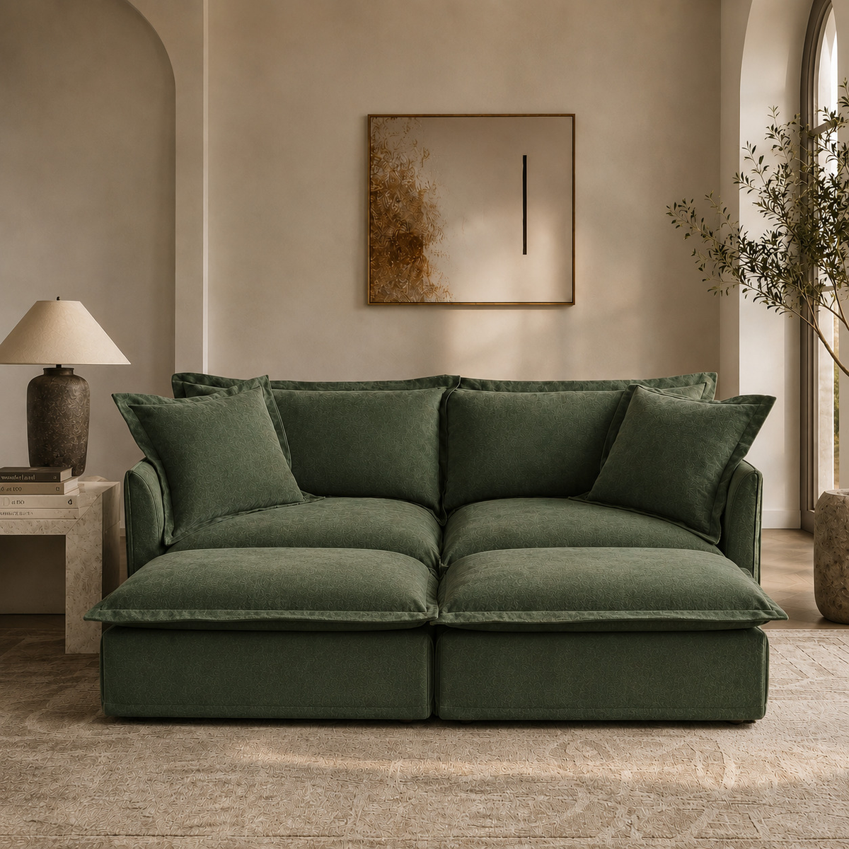 Fluffy 2-Seat Modular Sofa in Chenille Olive with 2 ottomans, lifestyle photo #OttOnly_2 #Fabric_Chenille Olive