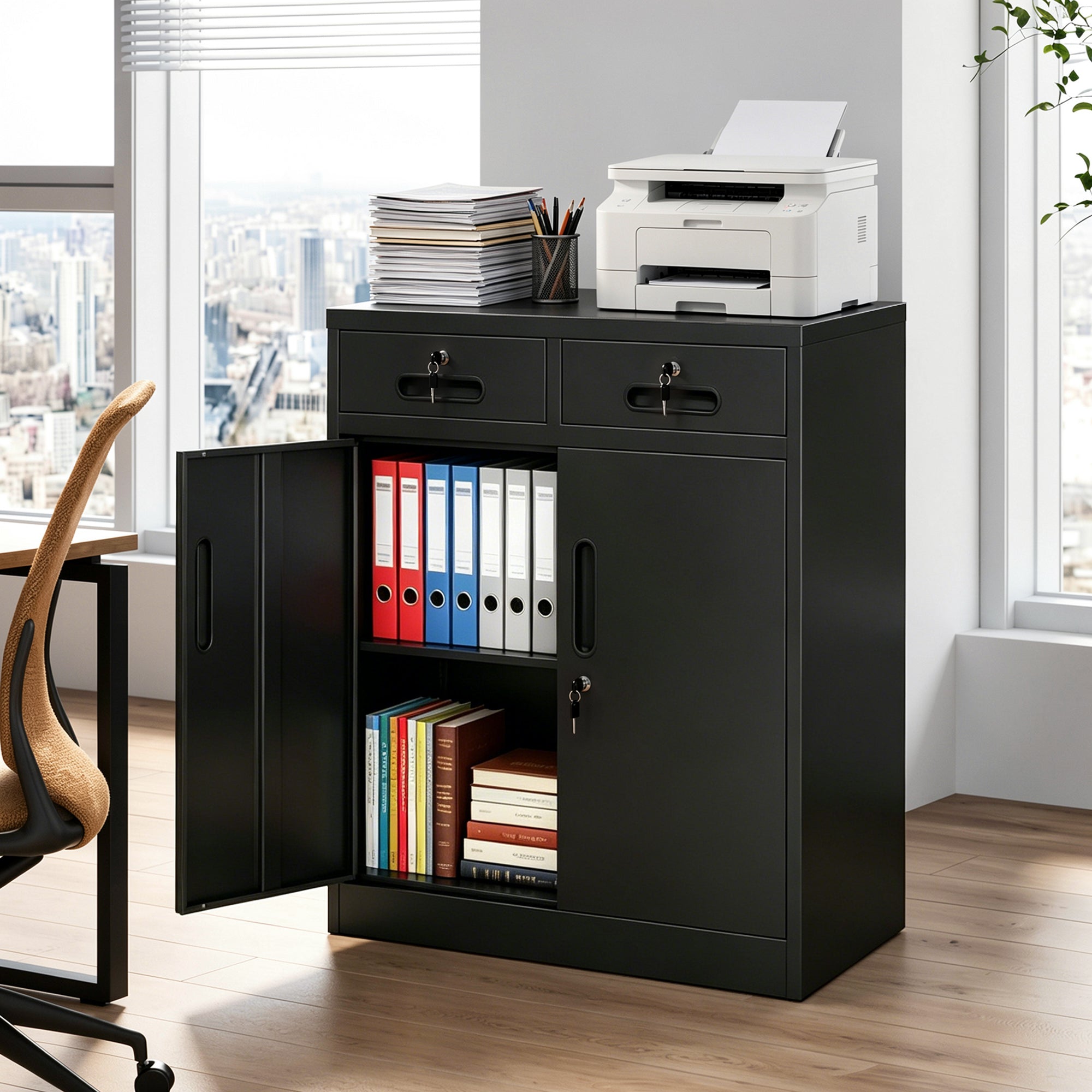 Modern Metal Storage Cabinet, 2 Doors, Locking, 35.5 in Tall