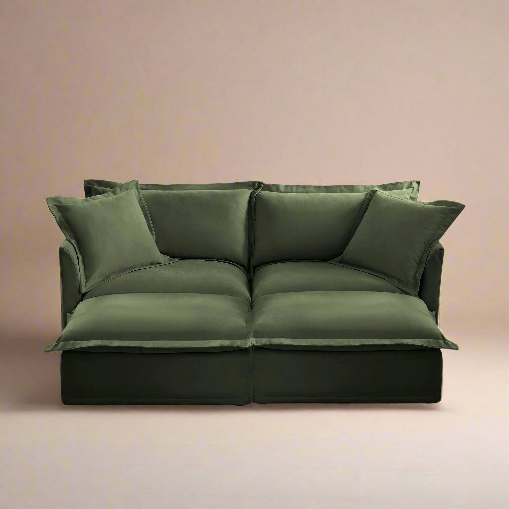 Fluffy 2-Seat Modular Sofa in Chenille Olive with 2 ottomans #OttOnly_2 #Fabric_Chenille Olive