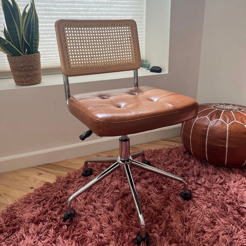 mcm armless office chair with solid wood rattan back brown vegan leather seat and stainless steel frame